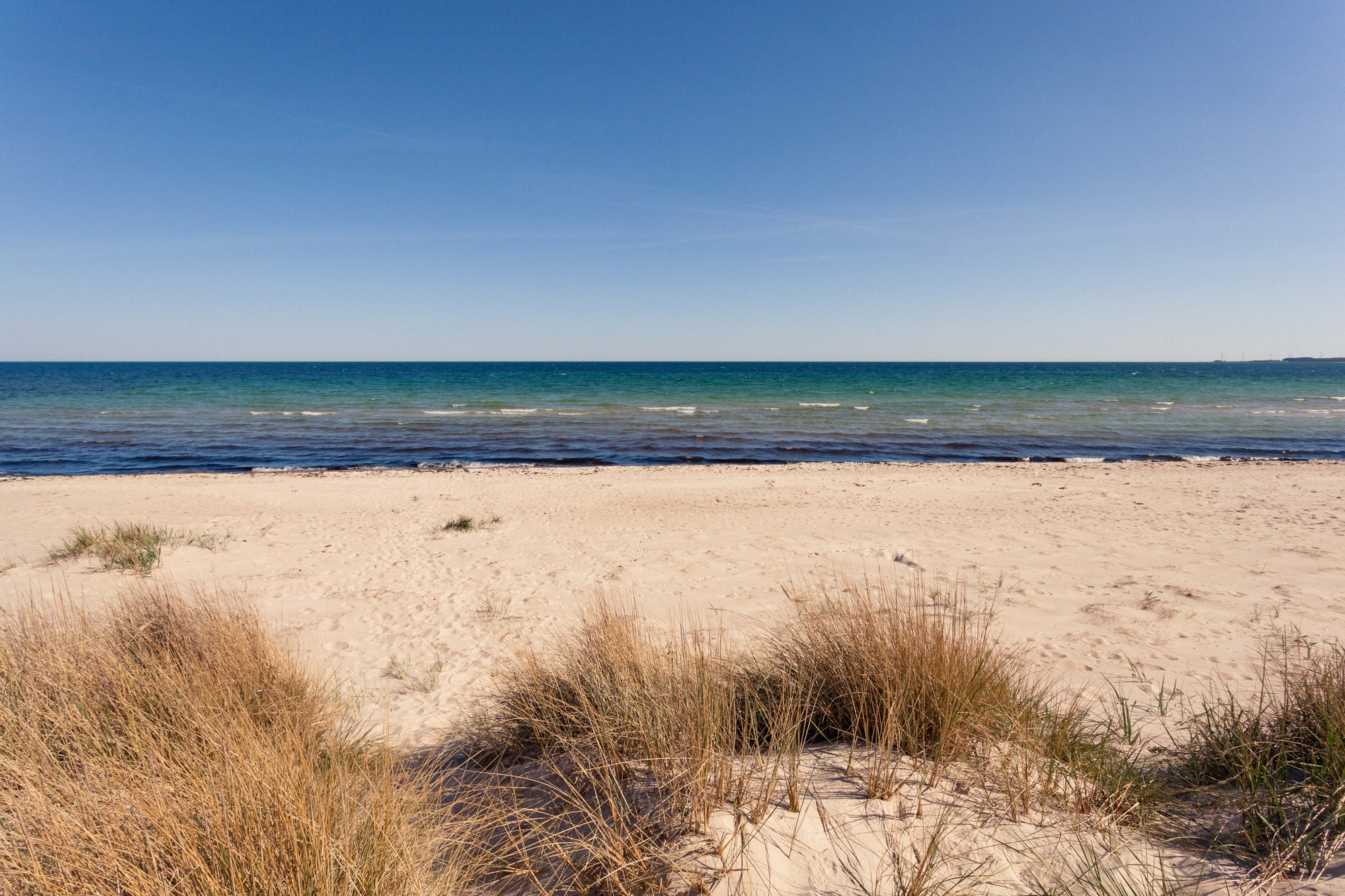 Idyllischer Sandstrand mit Dünen und ruhiger Meeresbucht unter blauem Himmel.